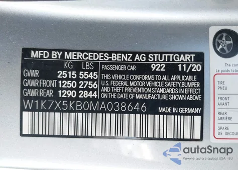 2021 Mercedes-Benz Amg Gt 43 4-Door Coupe z USA, uszkodzony, nr VIN W1K7X5KB0MA038646